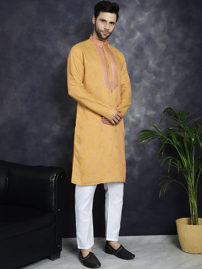 Jompers Men's Sequins Embroidered Kurta With Pyjama - Orange - Distacart