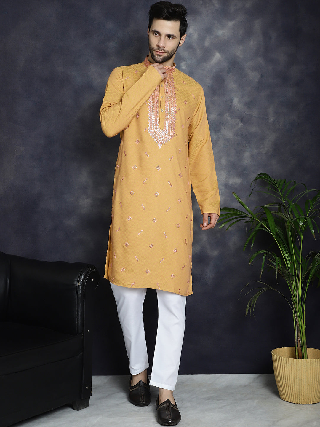 Jompers Men's Sequins Embroidered Kurta With Pyjama - Orange - Distacart