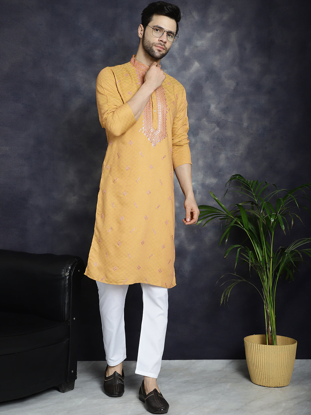 Jompers Men's Sequins Embroidered Kurta With Pyjama - Orange - Distacart