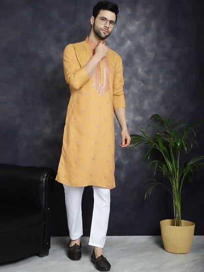 Jompers Men's Sequins Embroidered Kurta With Pyjama - Orange - Distacart