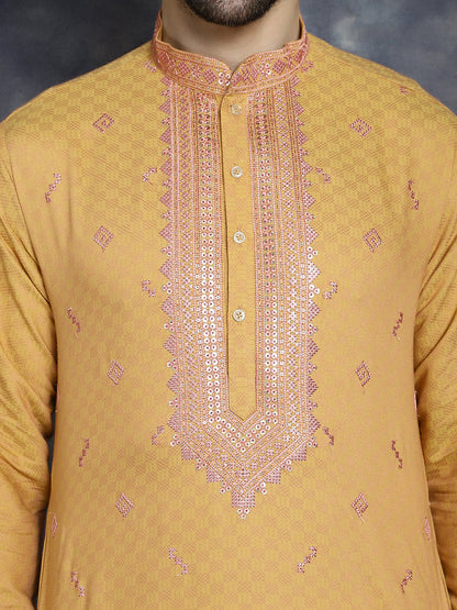 Jompers Men's Sequins Embroidered Kurta With Pyjama - Orange - Distacart