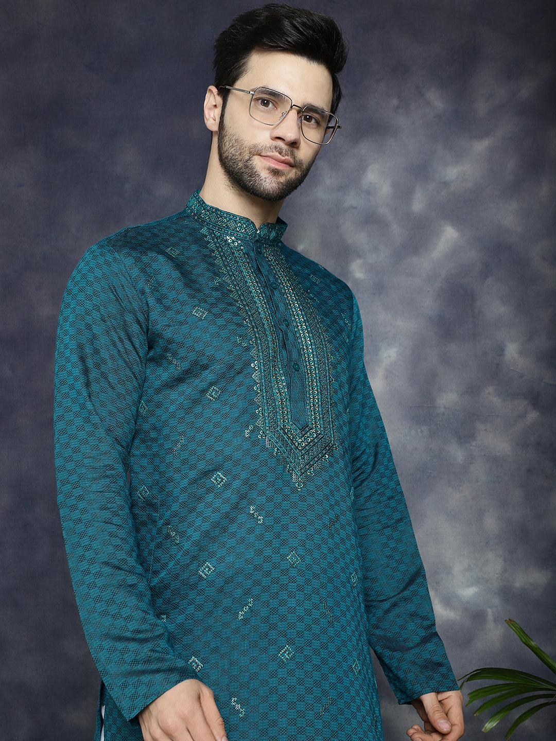 Jompers Men's Sequins Embroidered Kurta With Pyjama - Teal - Distacart