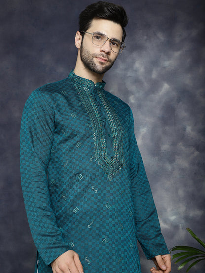 Jompers Men's Sequins Embroidered Kurta With Pyjama - Teal - Distacart
