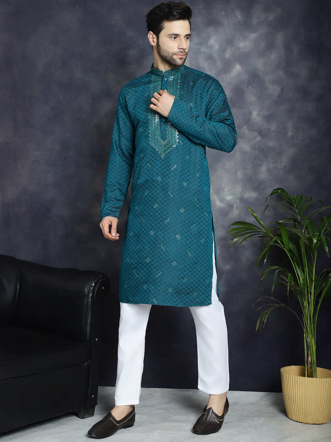 Jompers Men's Sequins Embroidered Kurta With Pyjama - Teal - Distacart