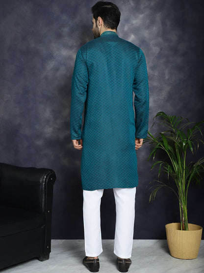 Jompers Men's Sequins Embroidered Kurta With Pyjama - Teal - Distacart