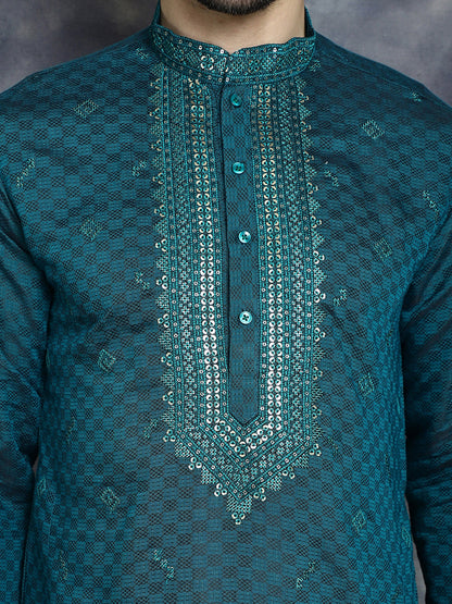 Jompers Men's Sequins Embroidered Kurta With Pyjama - Teal - Distacart