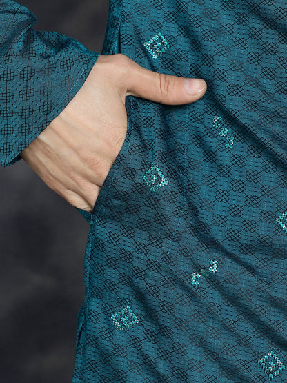 Jompers Men's Sequins Embroidered Kurta With Pyjama - Teal - Distacart