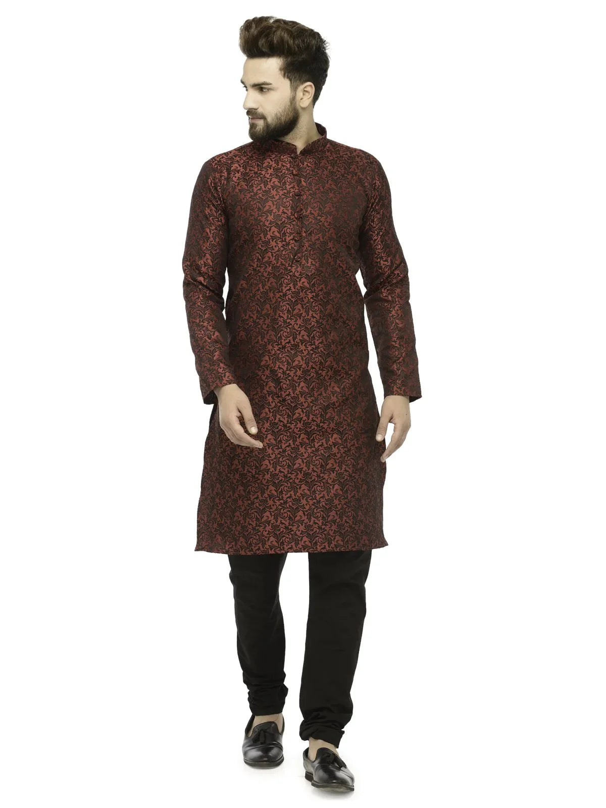 Jompers Men's Maroon & Black Woven Design Kurta with Churidar - Distacart