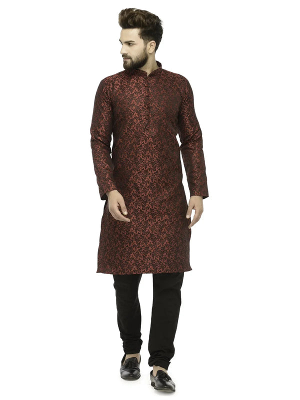 Jompers Men's Maroon & Black Woven Design Kurta with Churidar - Distacart