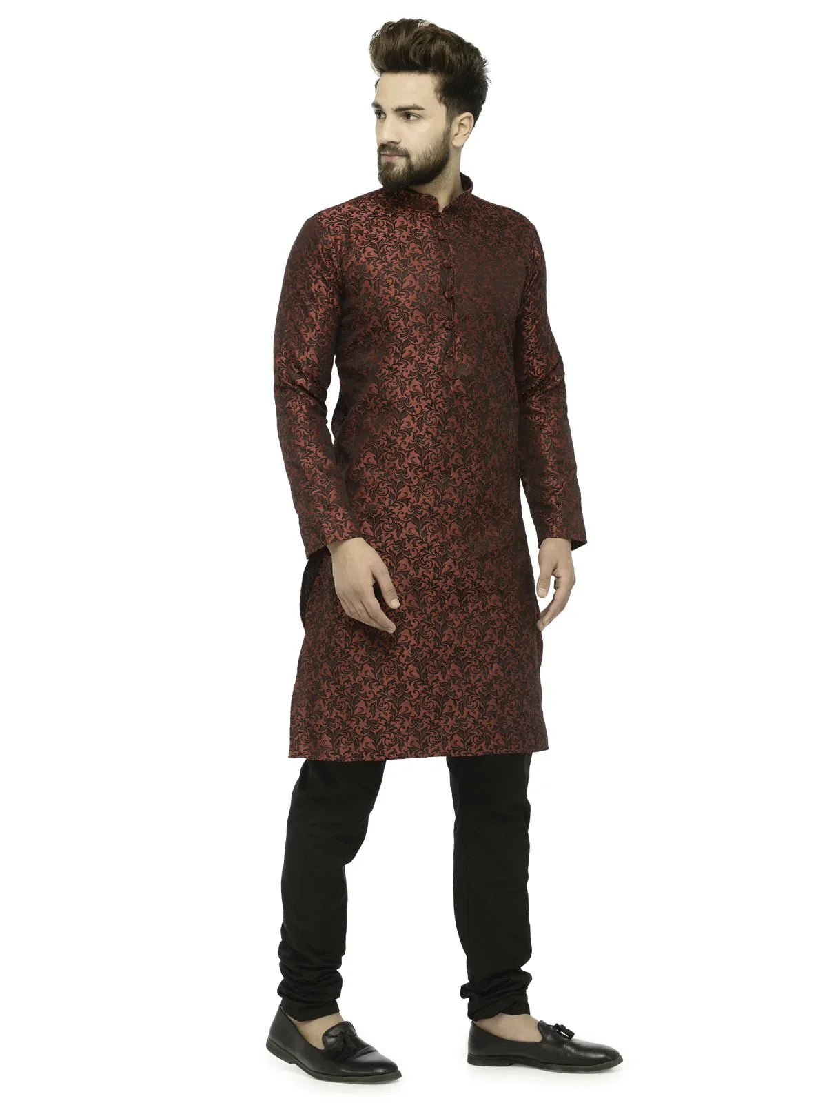 Jompers Men's Maroon & Black Woven Design Kurta with Churidar - Distacart