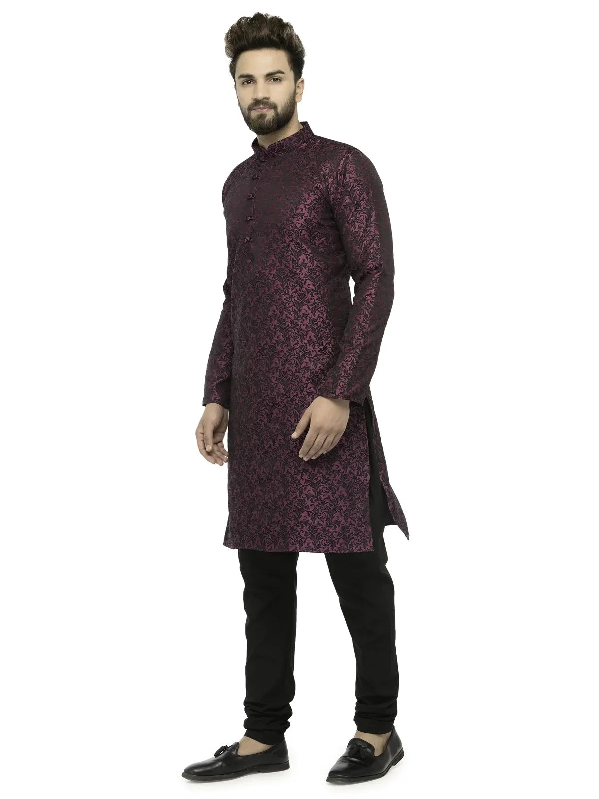 Jompers Men's Purple & Black Self Design Kurta with Churidar - Distacart