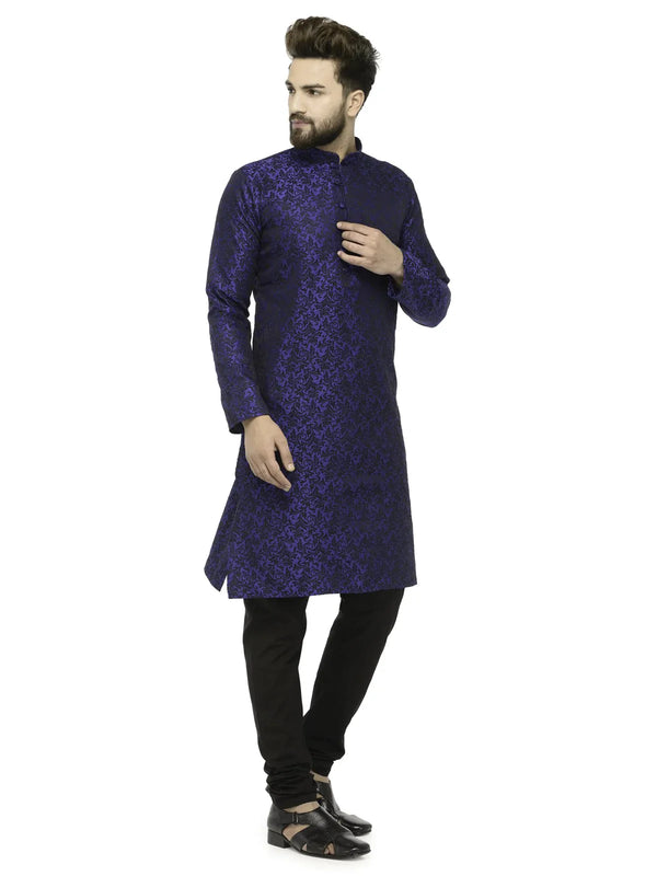 Jompers Men's Royal Blue & Black Self Design Kurta with Churidar - Distacart