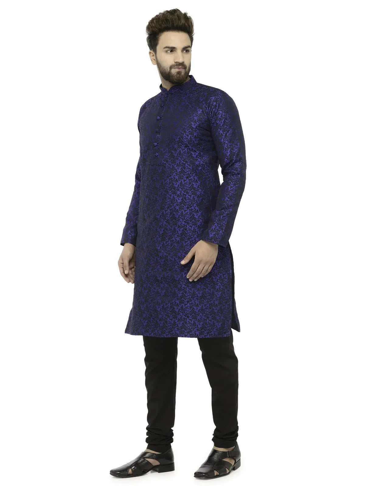 Jompers Men's Royal Blue & Black Self Design Kurta with Churidar - Distacart