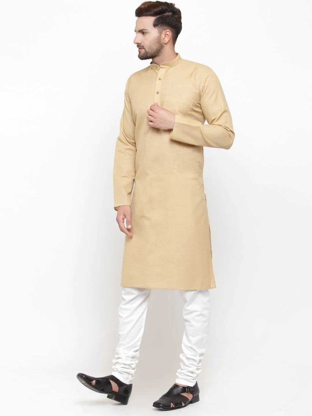 Jompers Men's Beige & White Solid Kurta with Churidar - Distacart