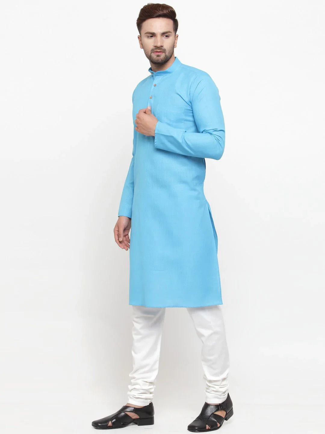 Jompers Men's Sky Blue & White Solid Kurta with Churidar - Distacart