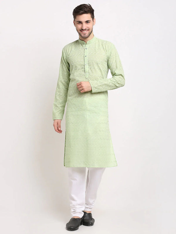 Jompers Men's Green Chikan Kurta with Churidar - Distacart