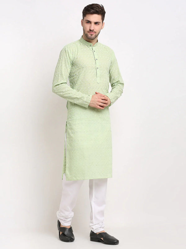Jompers Men's Green Chikan Kurta with Churidar - Distacart