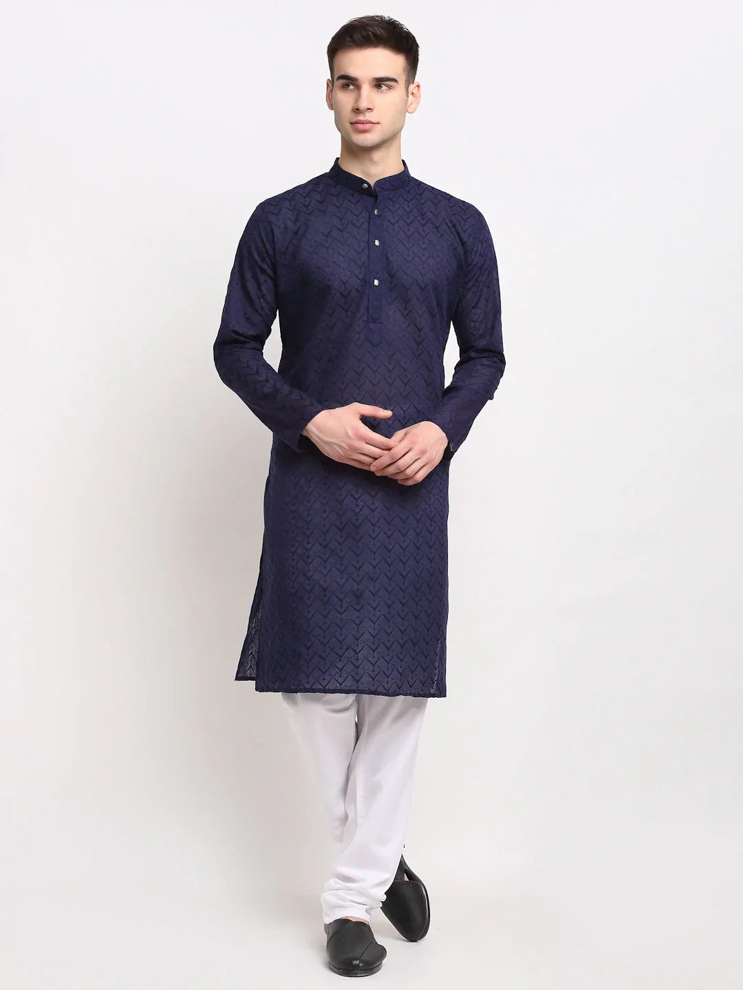 Jompers Men's Navy Blue Chikan Kurta with Churidar - Distacart