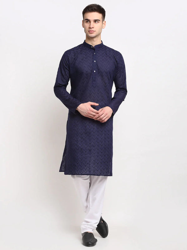 Jompers Men's Navy Blue Chikan Kurta with Churidar - Distacart