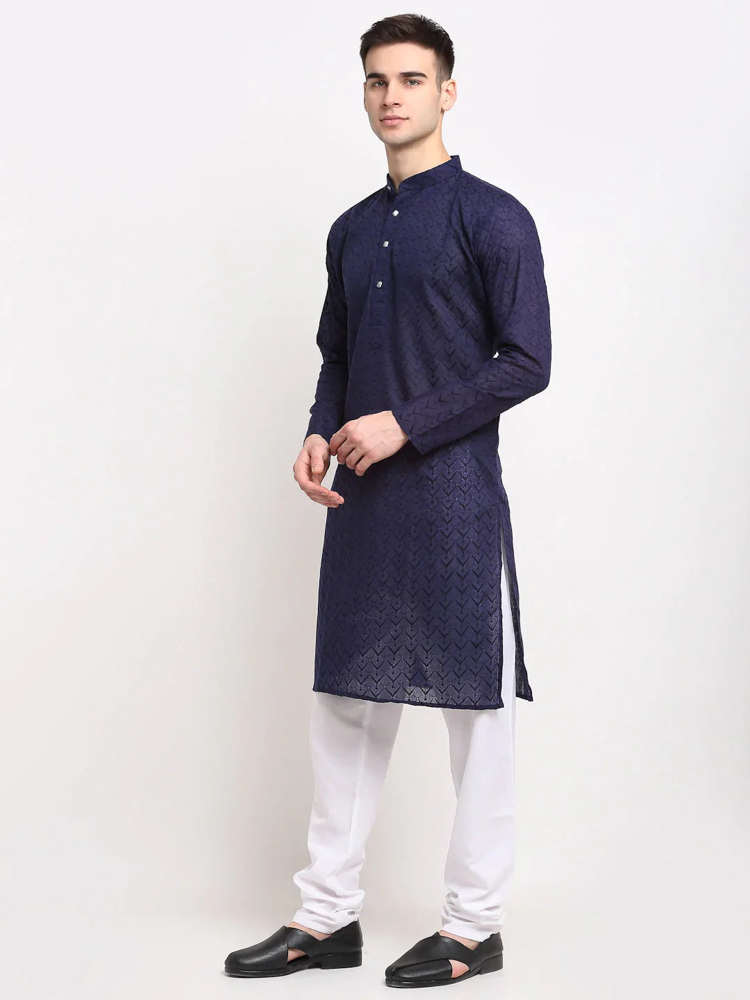 Jompers Men's Navy Blue Chikan Kurta with Churidar - Distacart