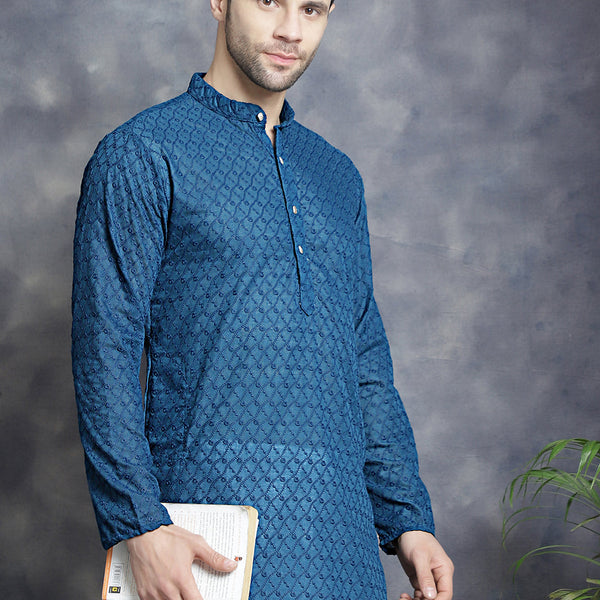 Jompers Men's Chikankari Pure Cotton Kurta - Peacock - Distacart