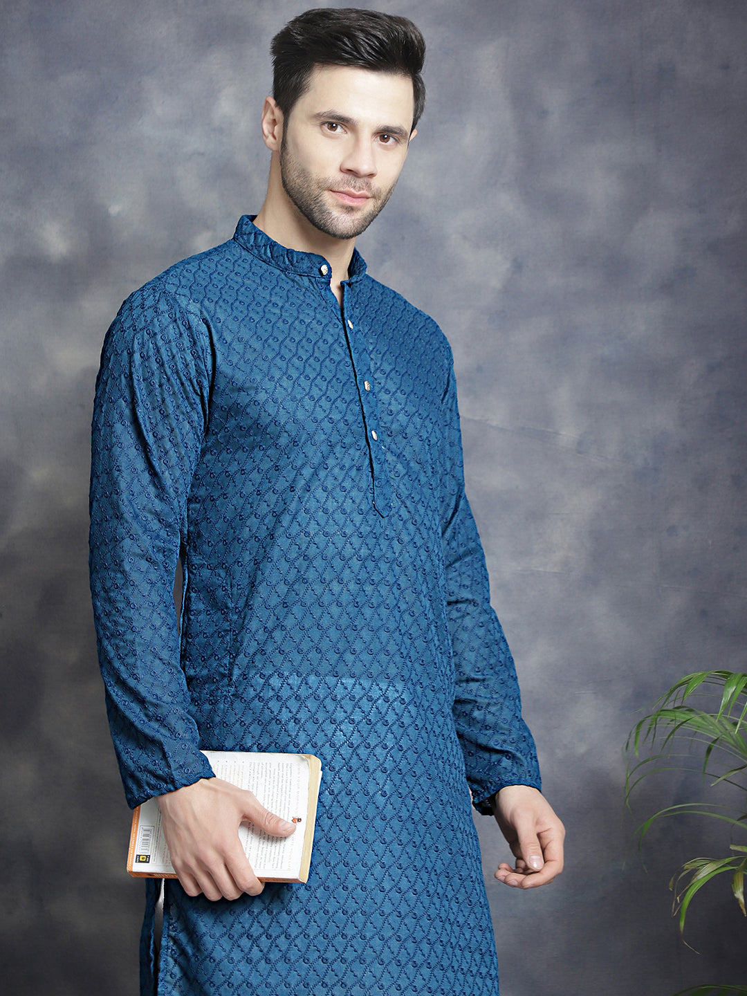 Jompers Men's Chikankari Pure Cotton Kurta with Churidar - Peacock - Distacart