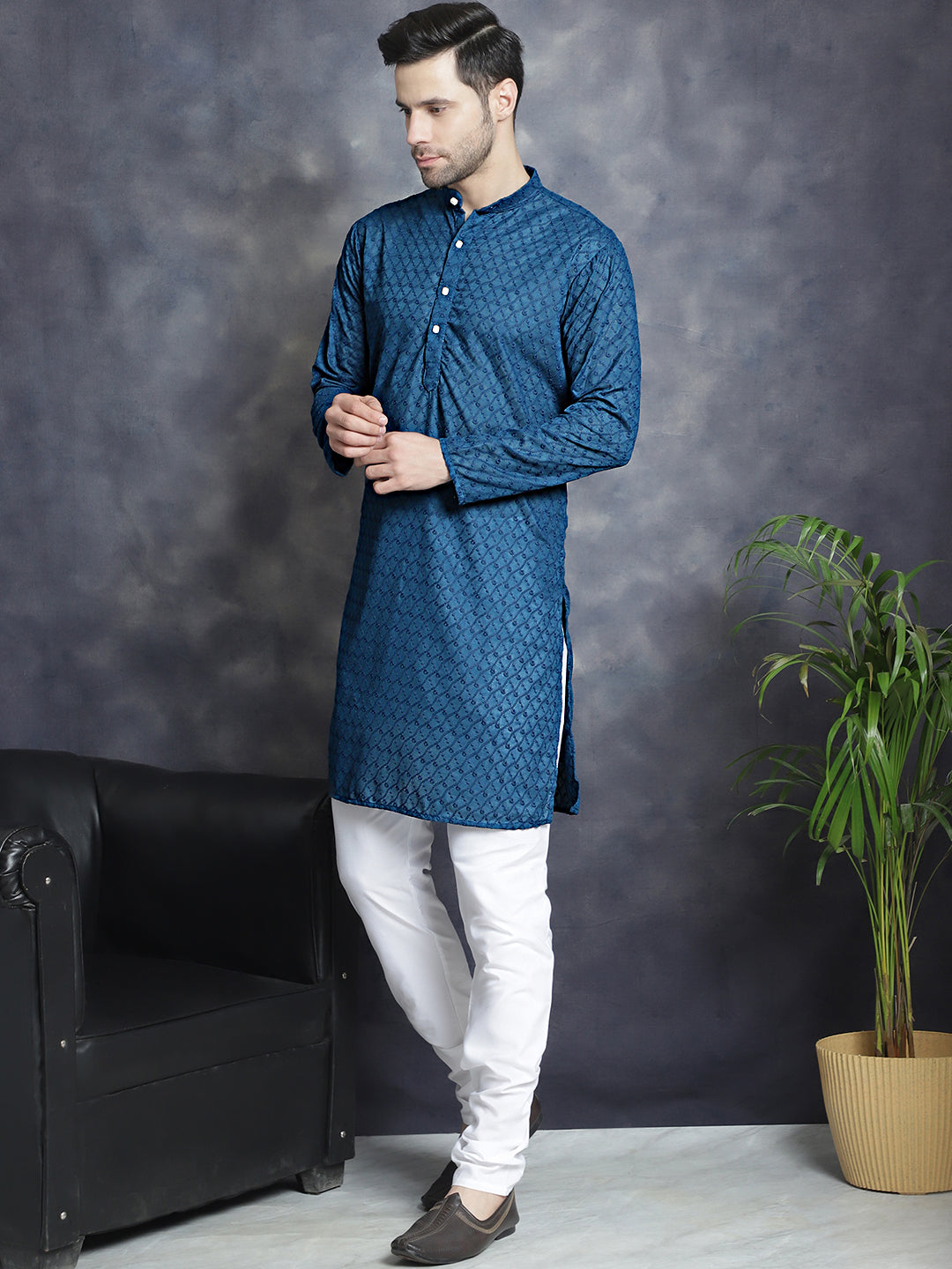 Jompers Men's Chikankari Pure Cotton Kurta with Churidar - Peacock - Distacart