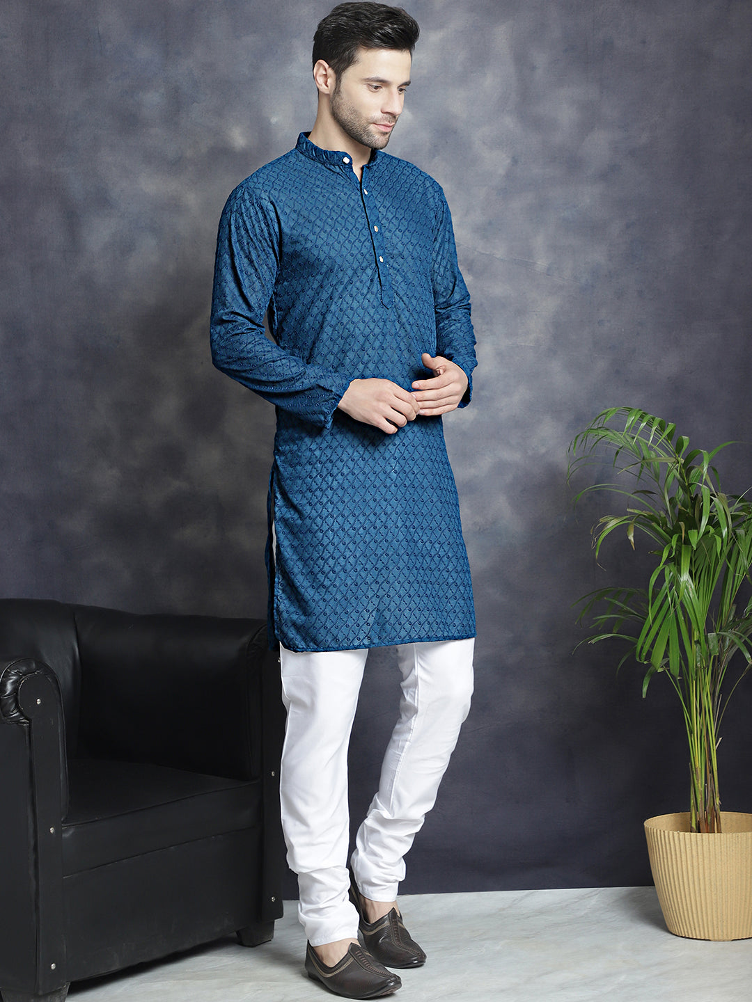 Jompers Men's Chikankari Pure Cotton Kurta - Peacock - Distacart