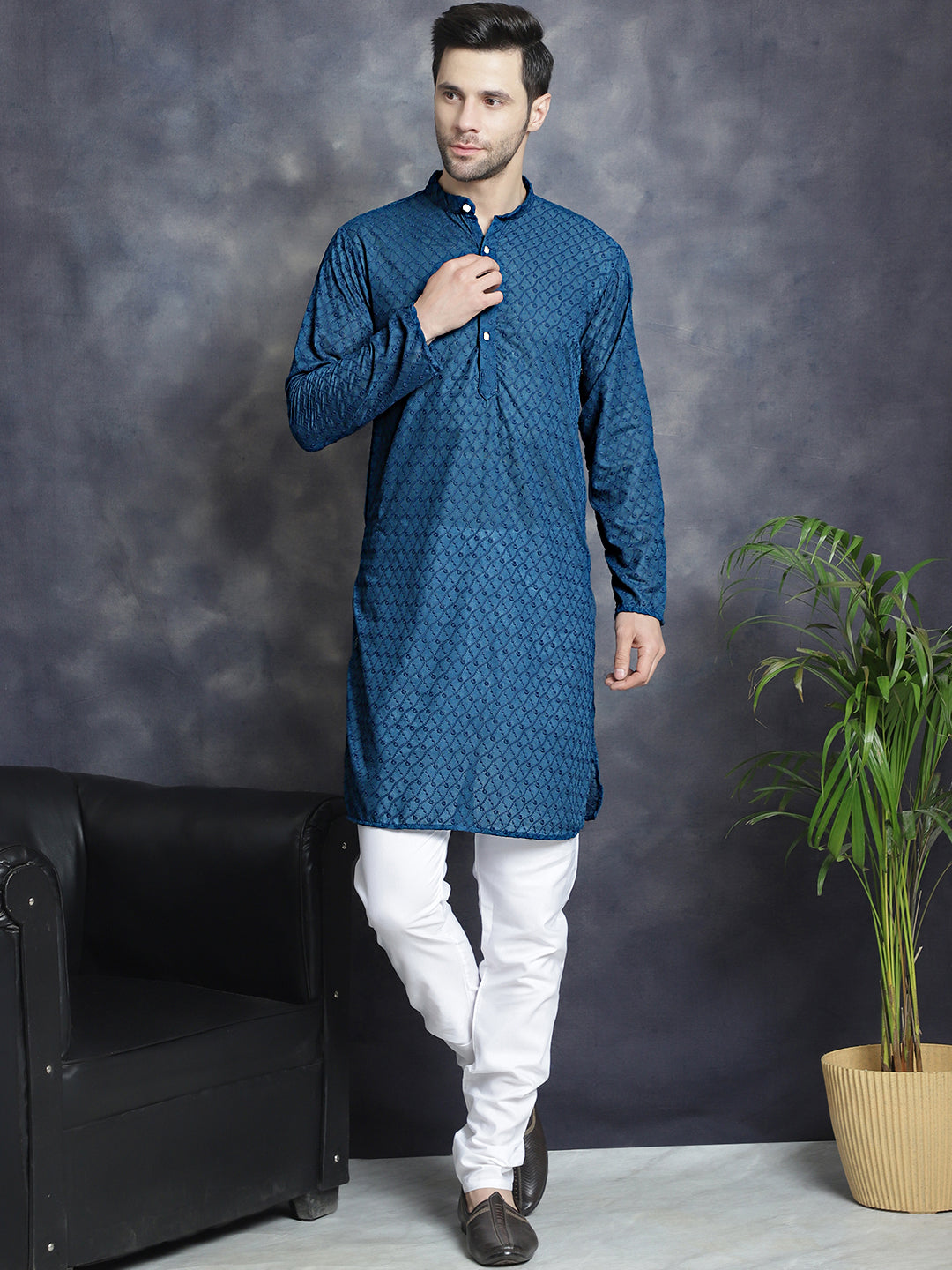 Jompers Men's Chikankari Pure Cotton Kurta with Churidar - Peacock - Distacart