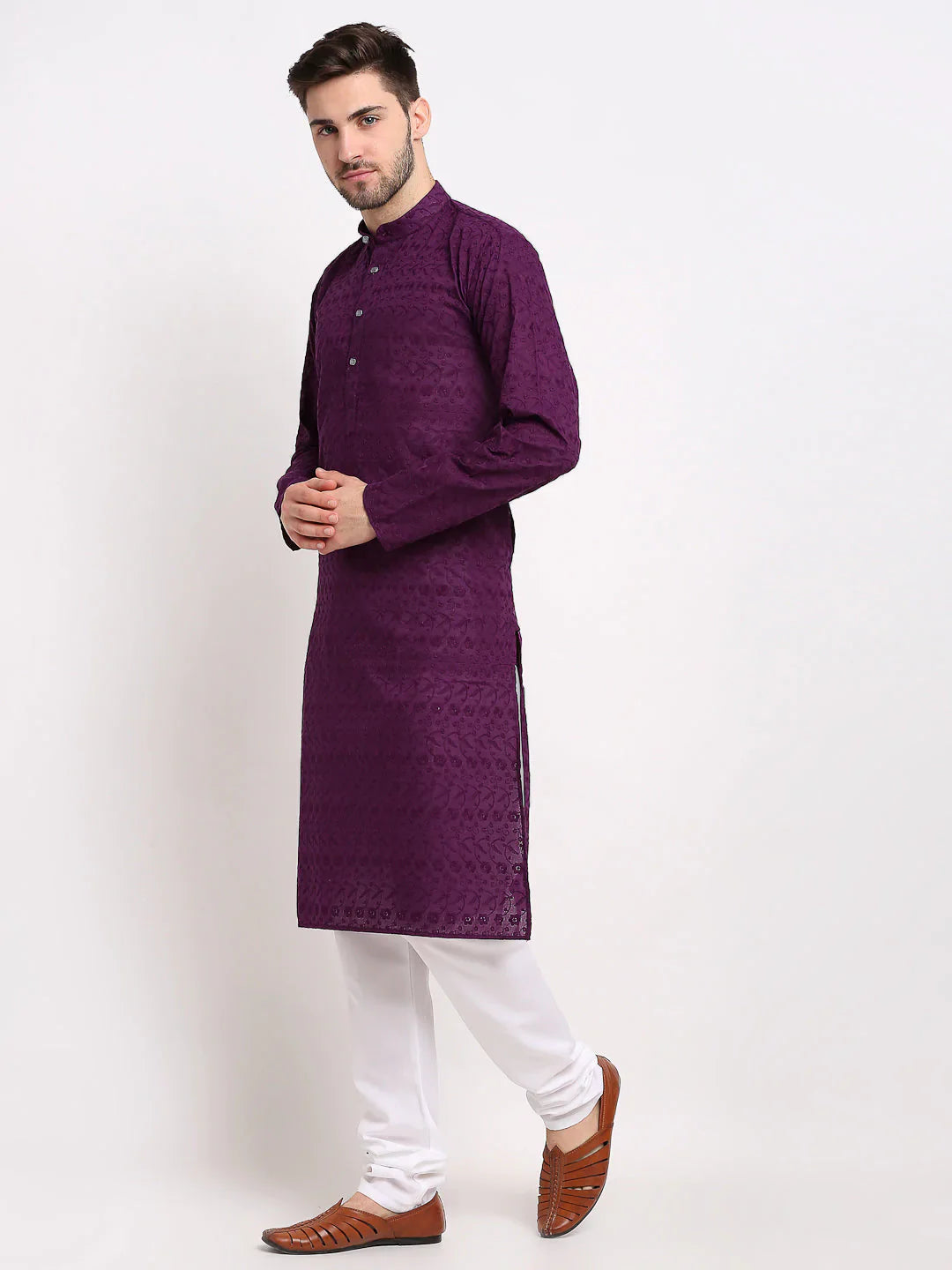 Jompers Men's Purple Chikan Kurta with Churidar - Distacart