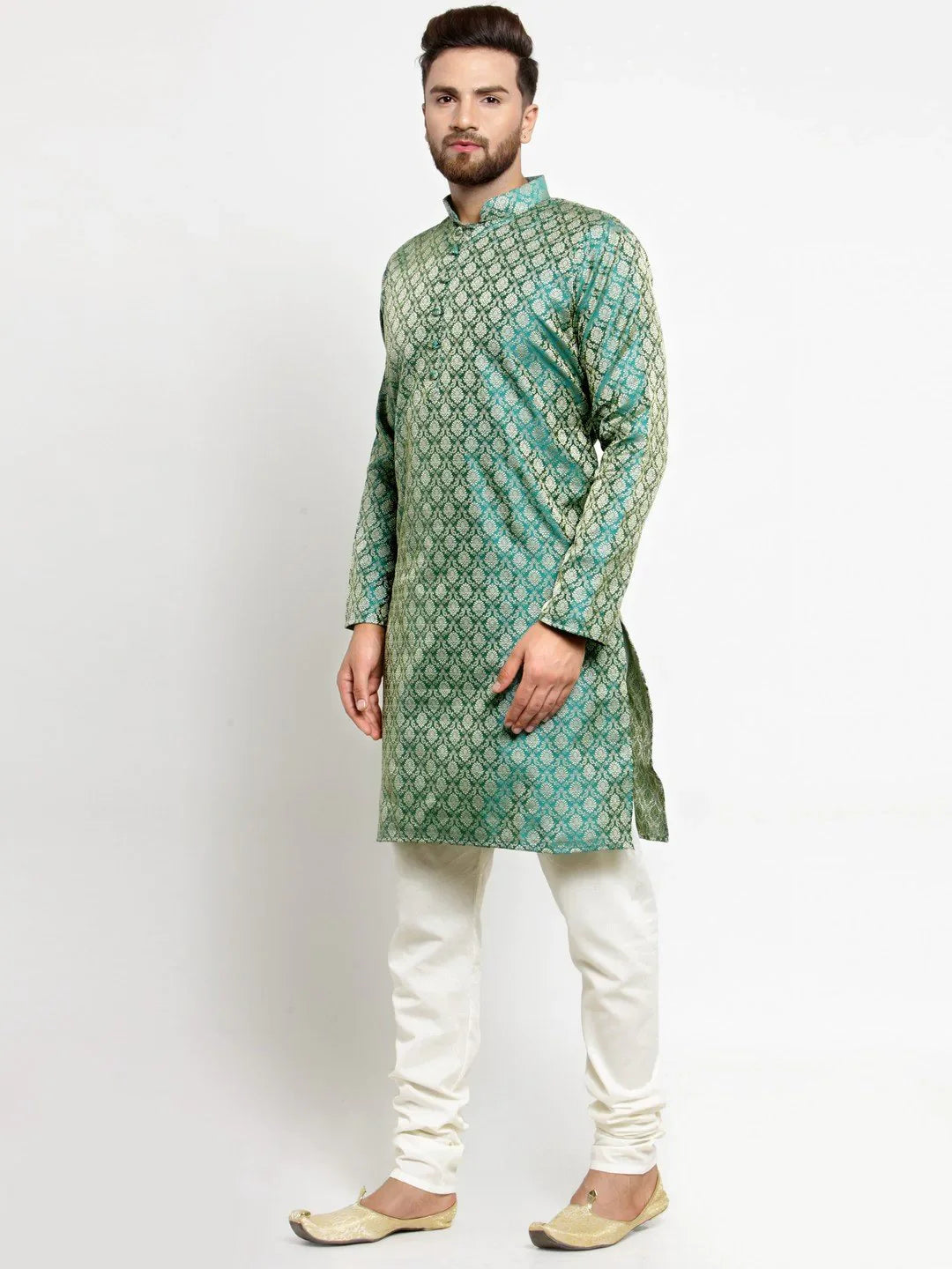 Jompers Men's Green & Beige Self Design Kurta with Churidar - Distacart