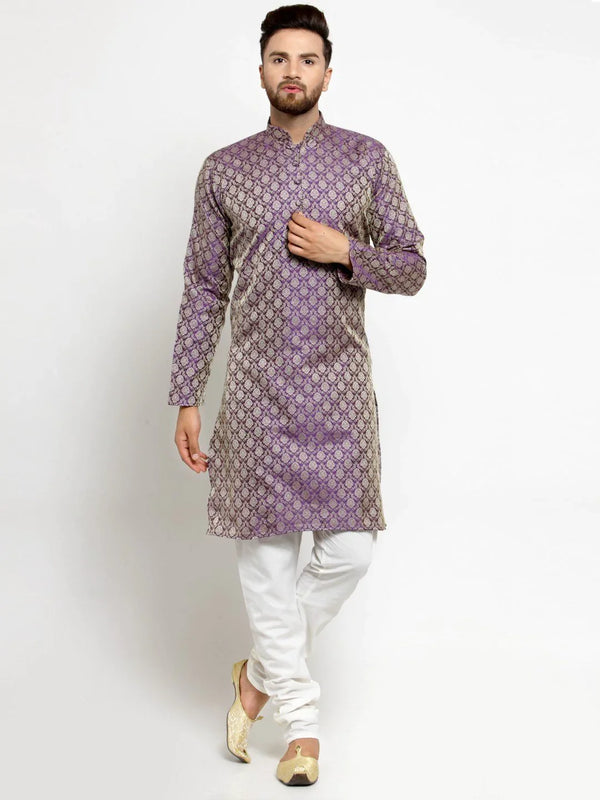 Jompers Men's Purple & Beige Self Design Kurta with Churidar - Distacart