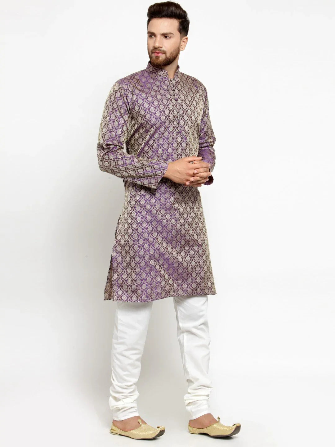Jompers Men's Purple & Beige Self Design Kurta with Churidar - Distacart