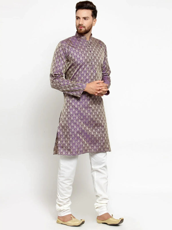 Jompers Men's Purple & Beige Self Design Kurta with Churidar - Distacart