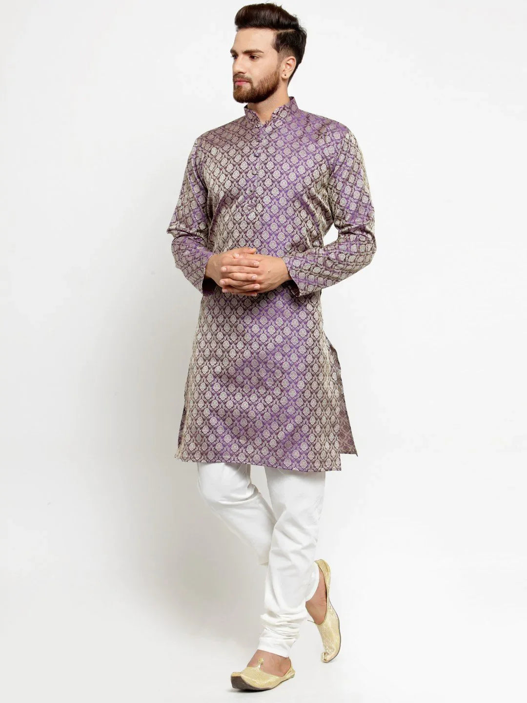Jompers Men's Purple & Beige Self Design Kurta with Churidar - Distacart