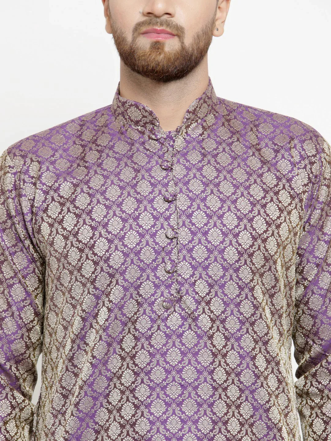 Jompers Men's Purple & Beige Self Design Kurta with Churidar - Distacart