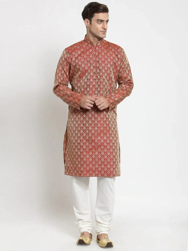 Jompers Men's Red & Beige Self Design Kurta with Churidar - Distacart