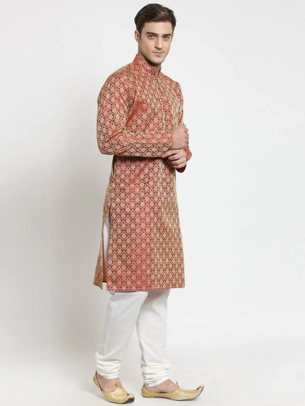 Jompers Men's Red & Beige Self Design Kurta with Churidar - Distacart