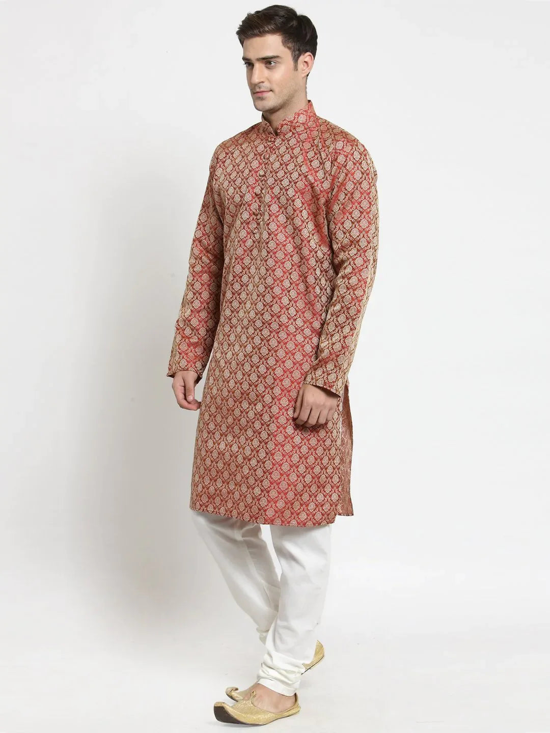 Jompers Men's Red & Beige Self Design Kurta with Churidar - Distacart
