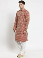Thumbnail for Jompers Men's Red & Beige Self Design Kurta with Churidar - Distacart