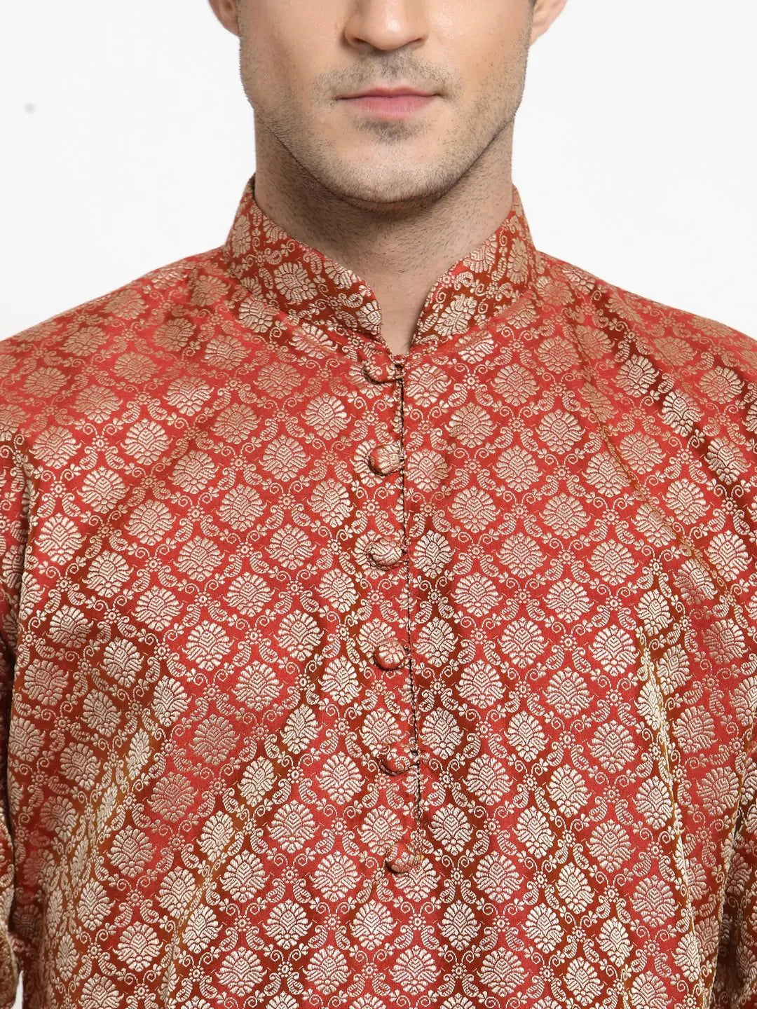 Jompers Men's Red & Beige Self Design Kurta with Churidar - Distacart