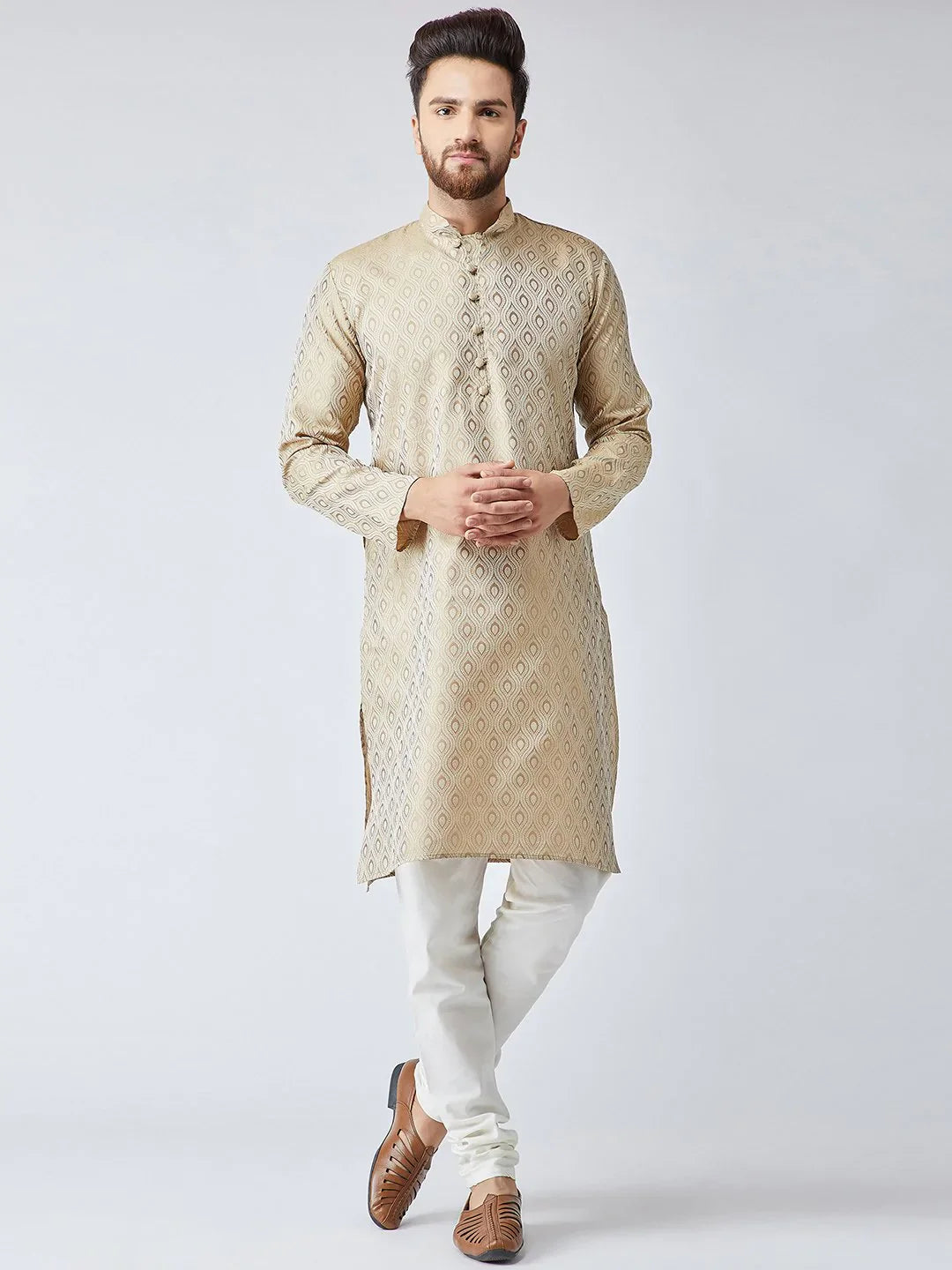 Jompers Men's Beige & Off-White Self Design Kurta with Churidar - Distacart