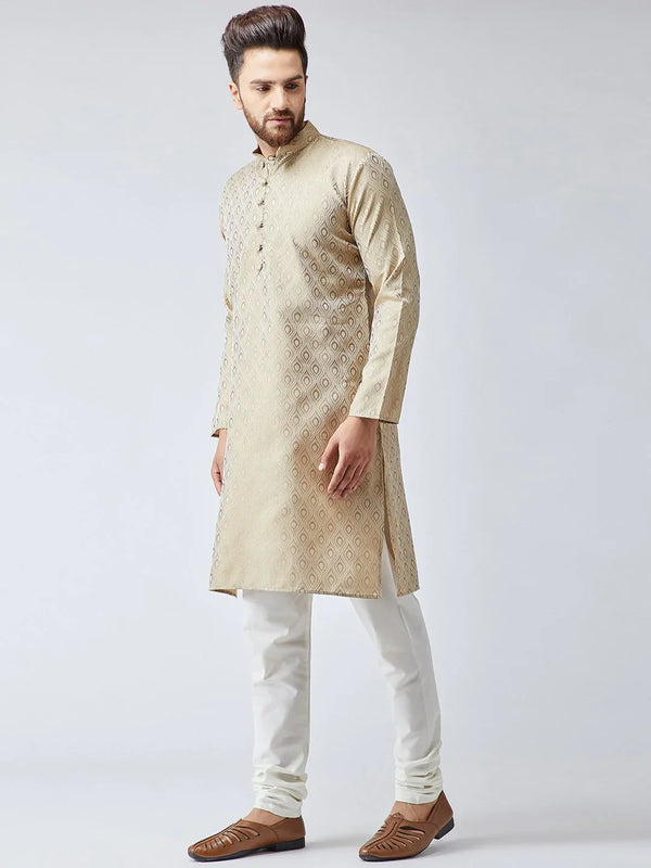 Jompers Men's Beige & Off-White Self Design Kurta with Churidar - Distacart