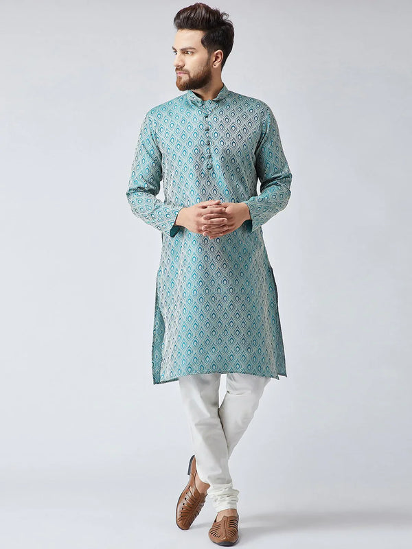 Jompers Men's Green & Off-White Self Design Kurta with Churidar - Distacart