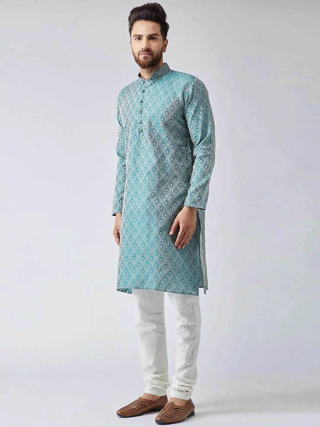 Jompers Men's Green & Off-White Self Design Kurta with Churidar - Distacart