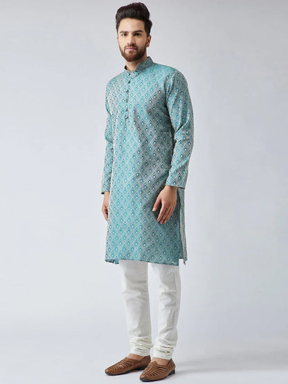 Jompers Men's Green & Off-White Self Design Kurta with Churidar - Distacart