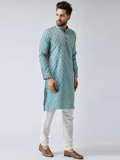 Jompers Men's Green & Off-White Self Design Kurta with Churidar - Distacart