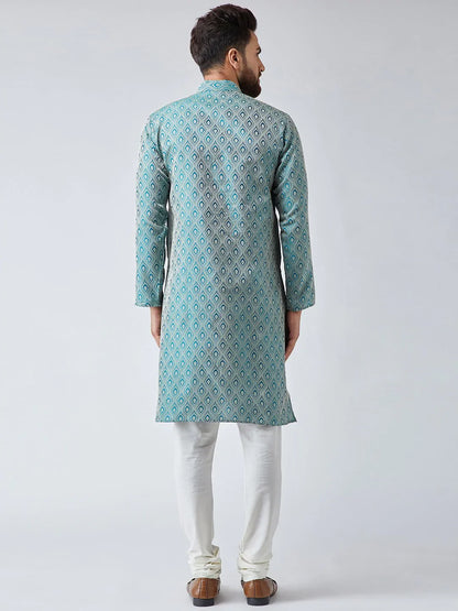 Jompers Men's Green & Off-White Self Design Kurta with Churidar - Distacart