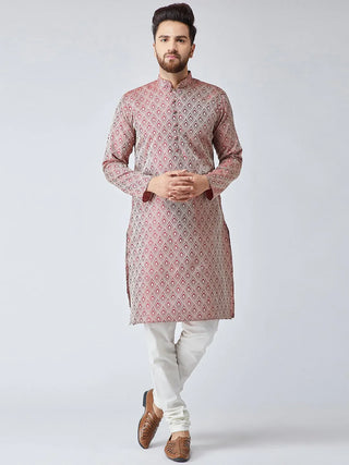 Jompers Men's Maroon & Off-White Self Design Kurta with Churidar - Distacart