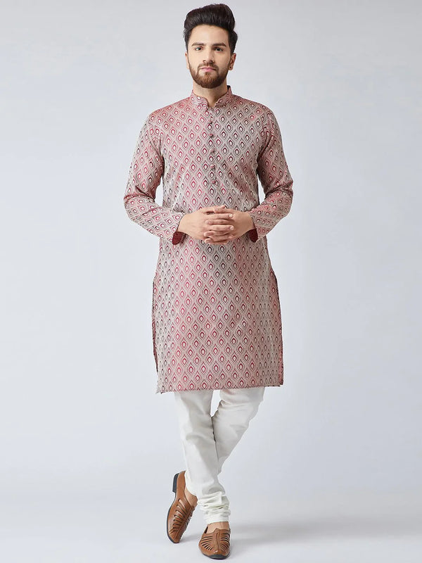 Jompers Men's Maroon & Off-White Self Design Kurta with Churidar - Distacart